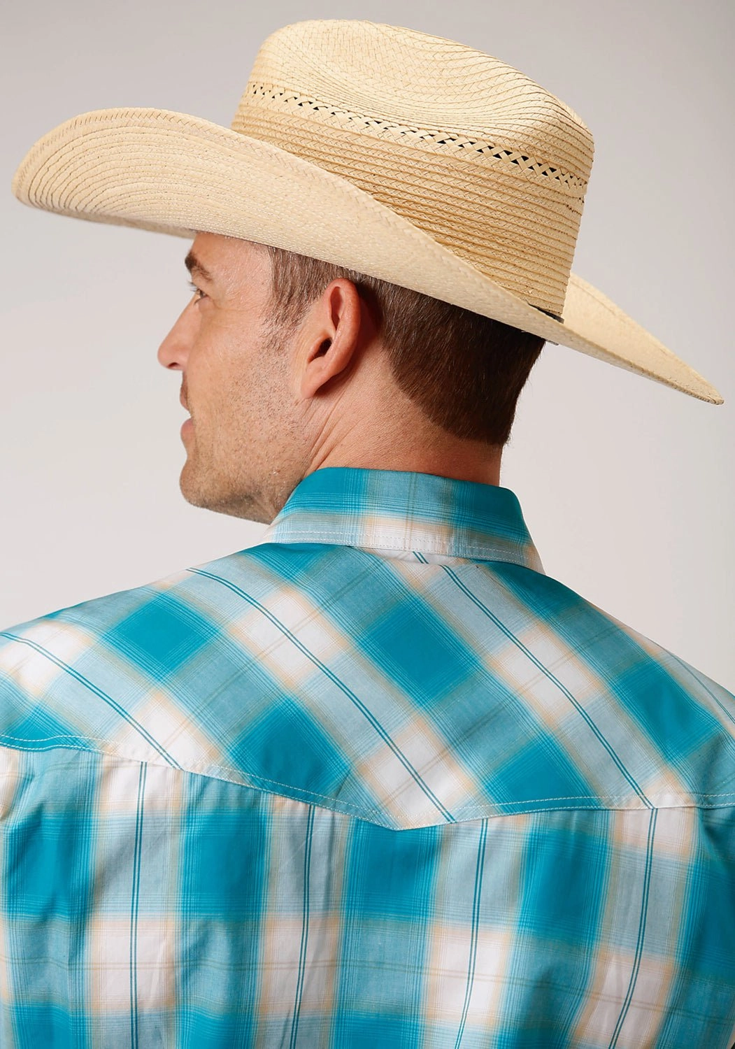 Odor control Roper Mens Turquoise 100% Cotton Sand Ombre S/S Plaid Shirt