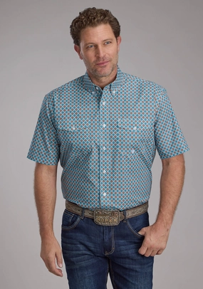 Roper Mens Turquoise Tile Foulard Blue 100% Cotton Btn S/S Shirt Subtle design Must-Have Item