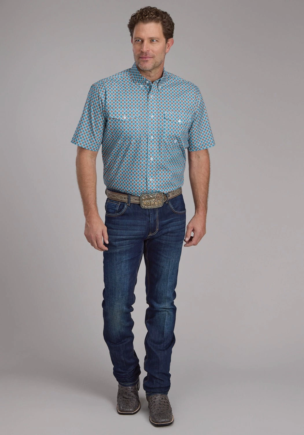 Roper Mens Turquoise Tile Foulard Blue 100% Cotton Btn S/S Shirt Eco Friendly Dye