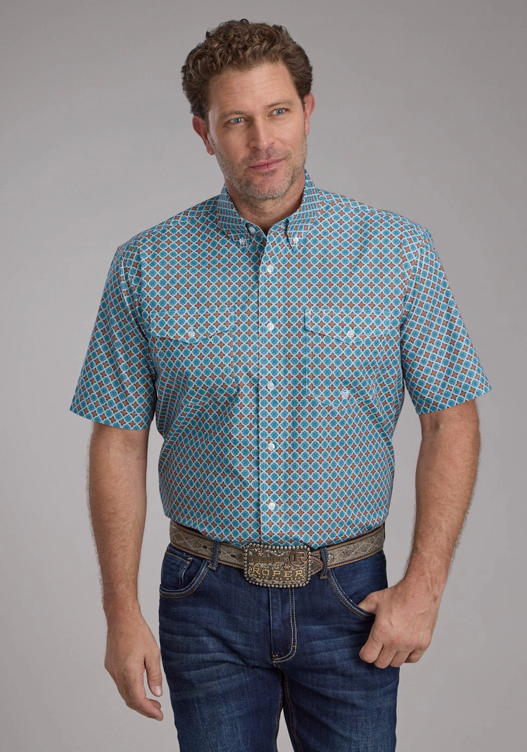 Roper Mens Turquoise Tile Foulard Blue 100% Cotton Btn S/S Shirt Designer Touch