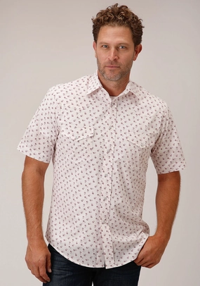 Roper Mens White/Red Cotton Blend Floral S/S 55/45 Shirt Eco Dye Technique Non Chafe Seams