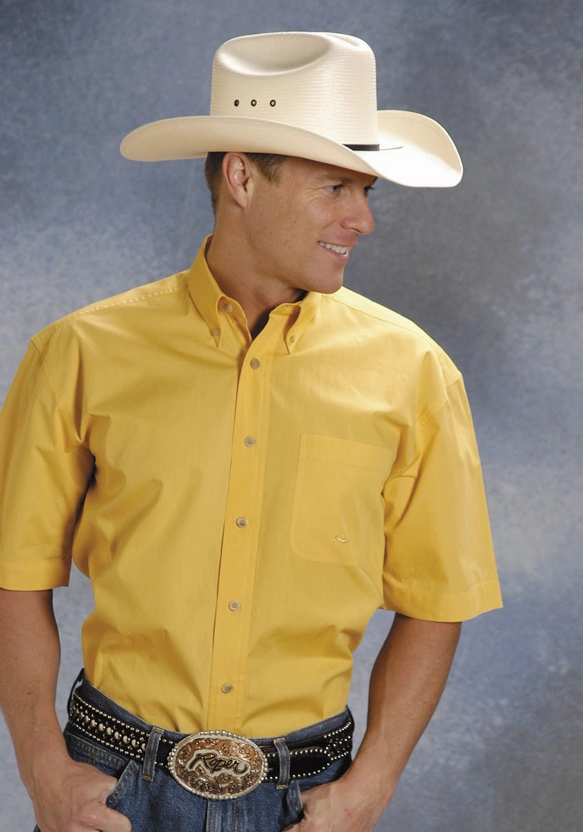 Timeless Classic Roper Mens Yellow 100% Cotton S/S 1 Pkt Button Down Poplin Western Shirt
