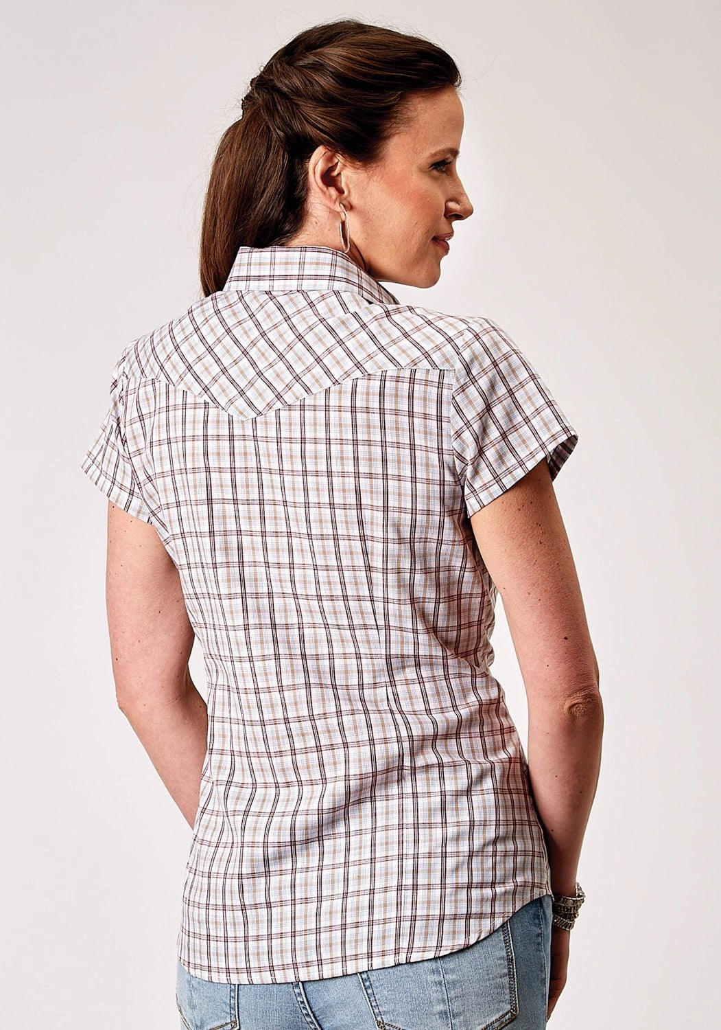 UV Protective Coating Roper Womens 1969 Vintage Plaid Cream Cotton Blend S/S Shirt