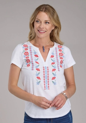 Minimalist Closure Roper Womens 2434 Red Flowers White 100% Cotton S/S T-Shirt