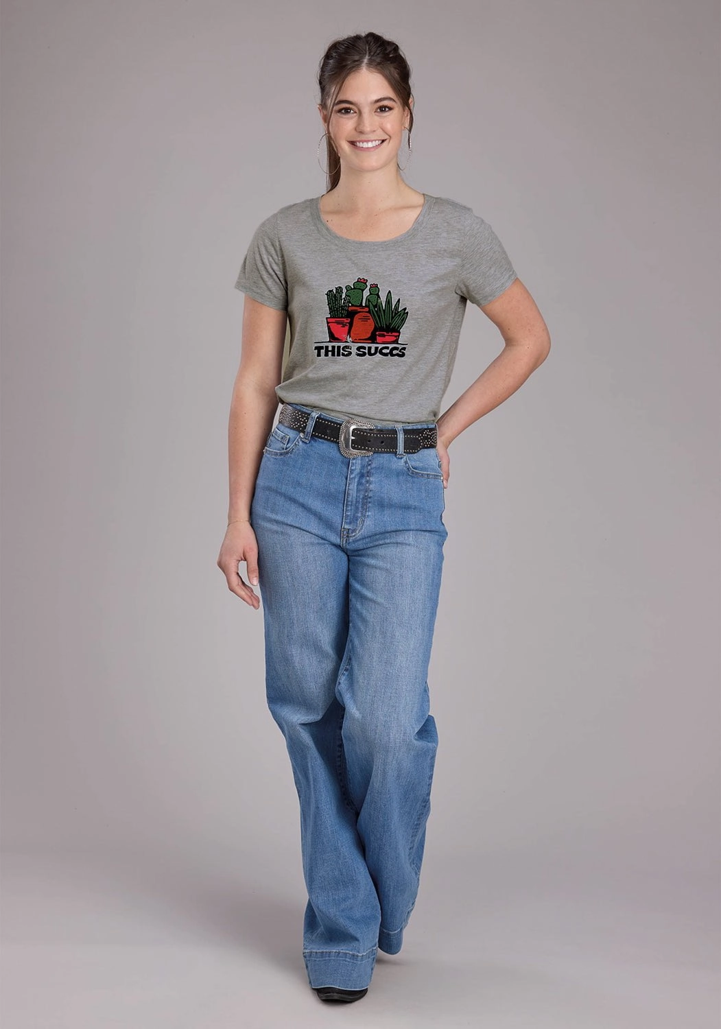 Roper Womens 2448 This Succs Grey Cotton Blend S/S T-Shirt Casual Comfort youth trend