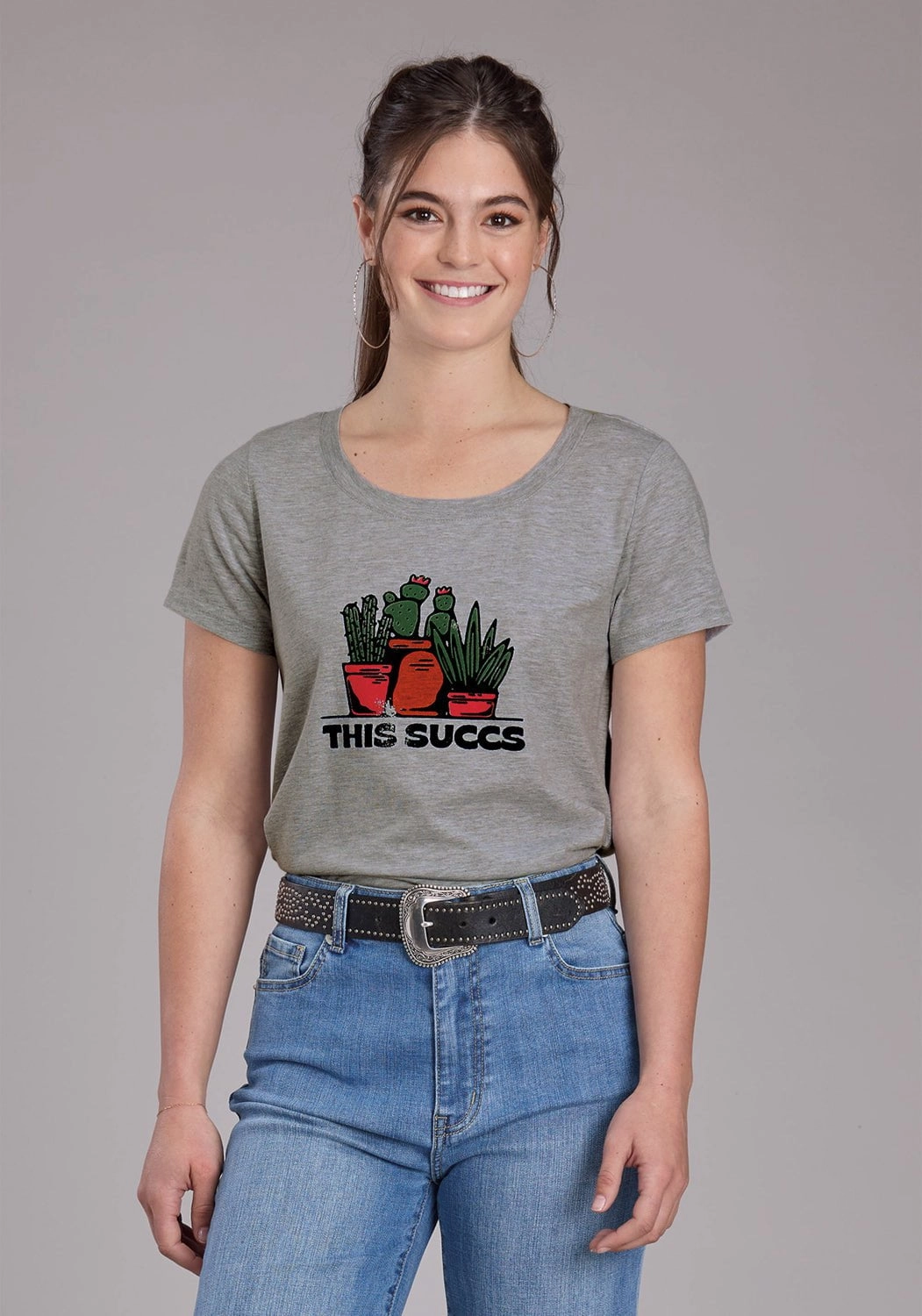 Roper Womens 2448 This Succs Grey Cotton Blend S/S T-Shirt Smooth zipper closure