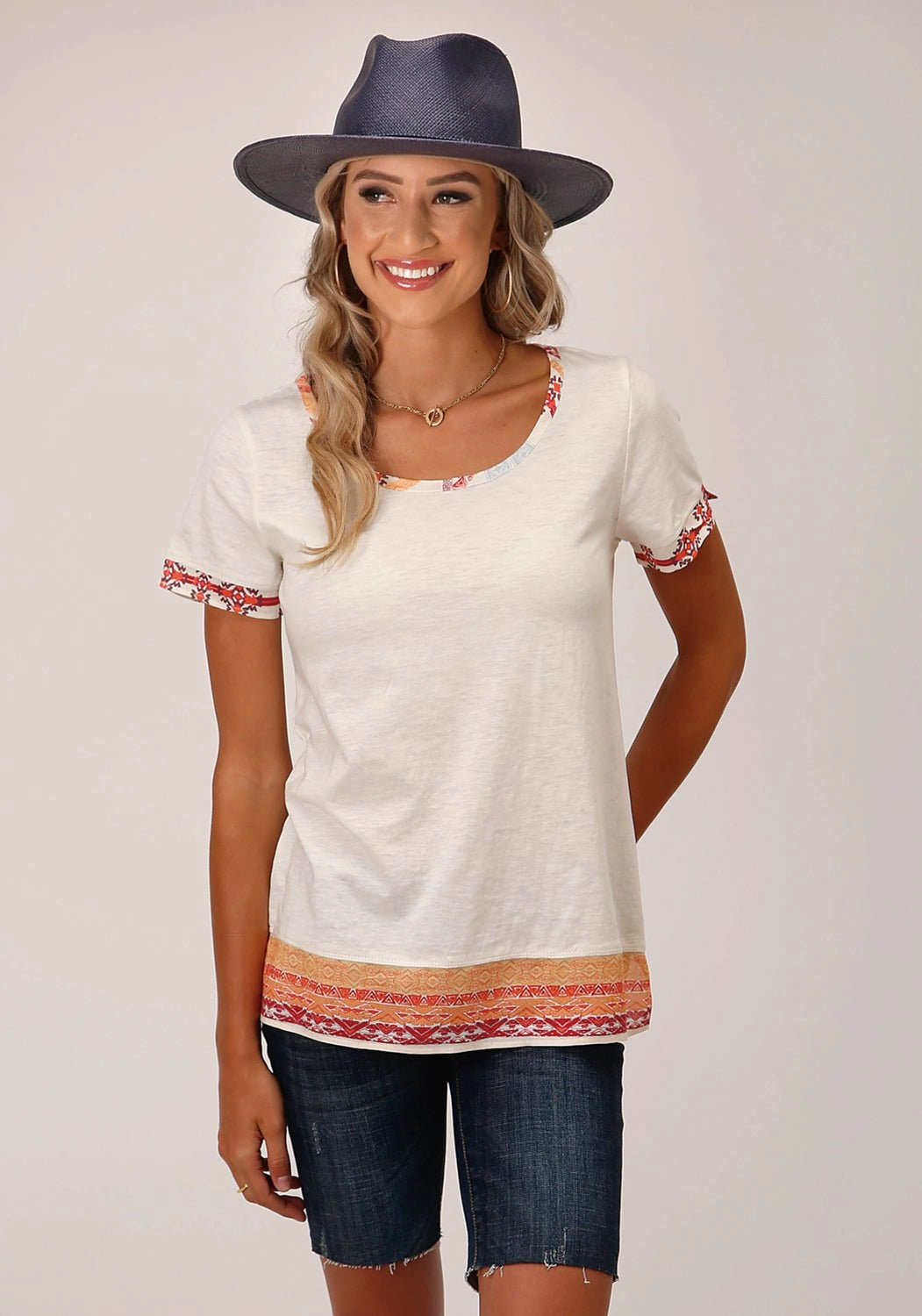 Lightweight Material Roper Womens Aztec Texture Cream 100% Cotton S/S T-Shirt