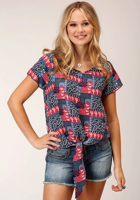 Lace Accent Roper Womens Bandana Print Red 100% Rayon S/S Blouse