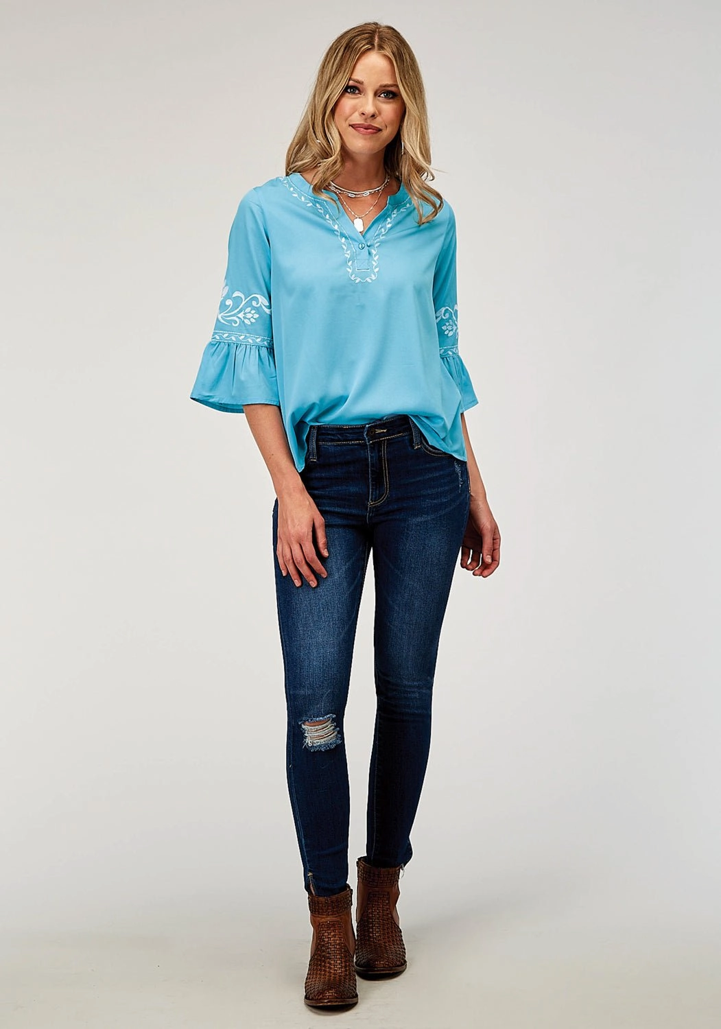 Roper Womens Bell Sleeve Embroidery Blue 100% Polyester S/S Blouse Autumn Look Flexible Shoulder Panels
