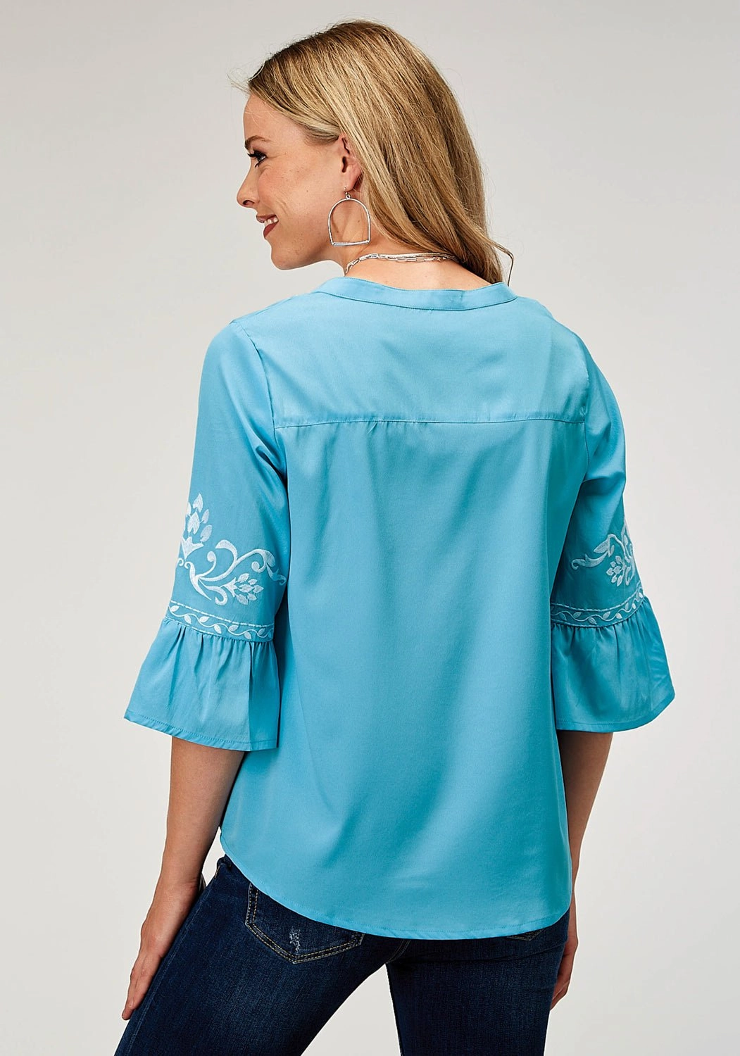 Roper Womens Bell Sleeve Embroidery Blue 100% Polyester S/S Blouse Roll-Up Sleeve Tailored Style