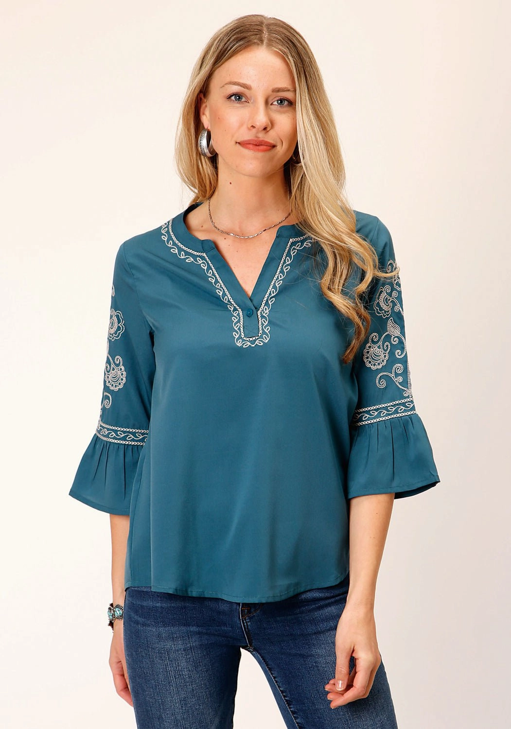 Roper Womens Bell Sleeve Teal 100% Polyester S/S Blouse Eco-Friendly Fabric