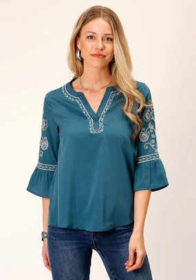 Roper Womens Bell Sleeve Teal 100% Polyester S/S Blouse Eco-Friendly Fabric