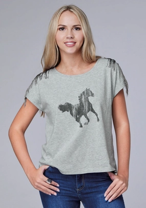 Roper Womens Black Mustang Grey Cotton Blend S/S T-Shirt Personalized Touch No Bulk Layering System