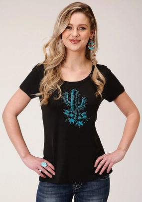 Durable Texture Holiday Special Roper Womens Black Poly/Rayon Blue Cactus S/S T-Shirt