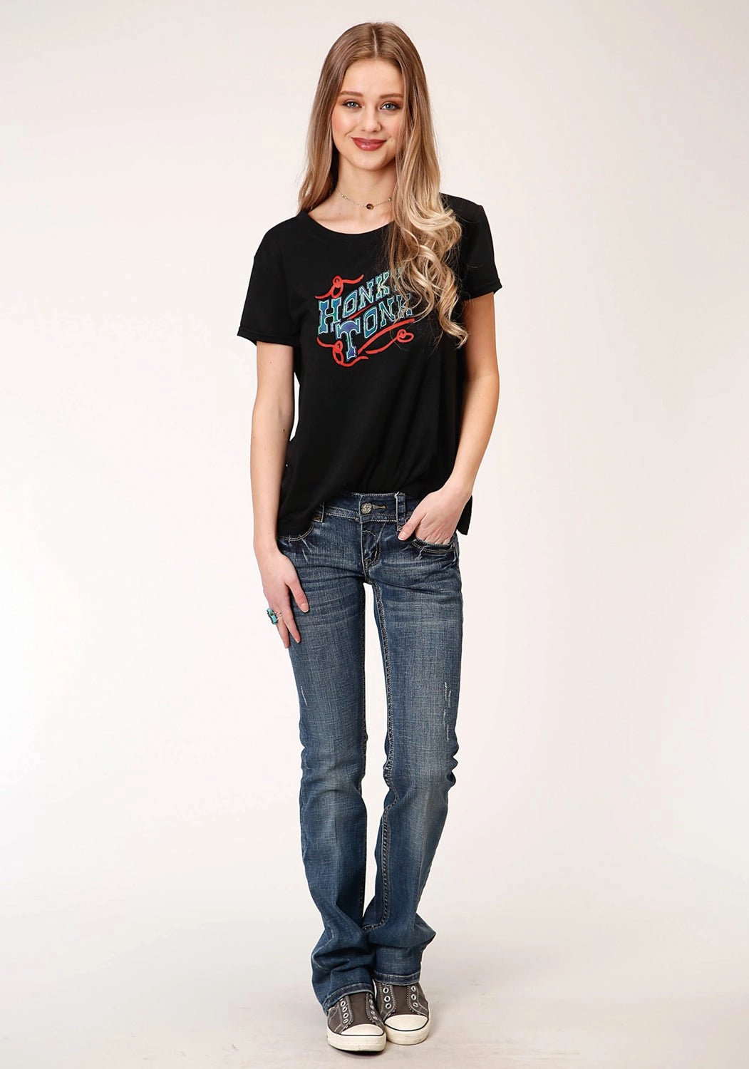 Roper Womens Black Poly/Rayon Honky Tonk S/S T-Shirt Reinforced Collar