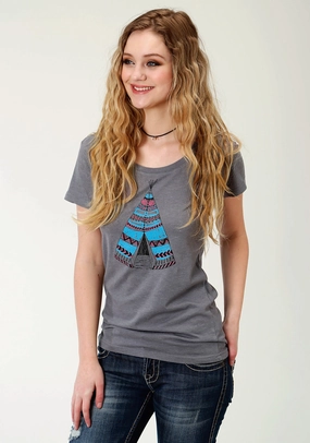 Must-Have Item Durable Texture Roper Womens Charcoal Gray Cotton Blend Teepee S/S T-Shirt