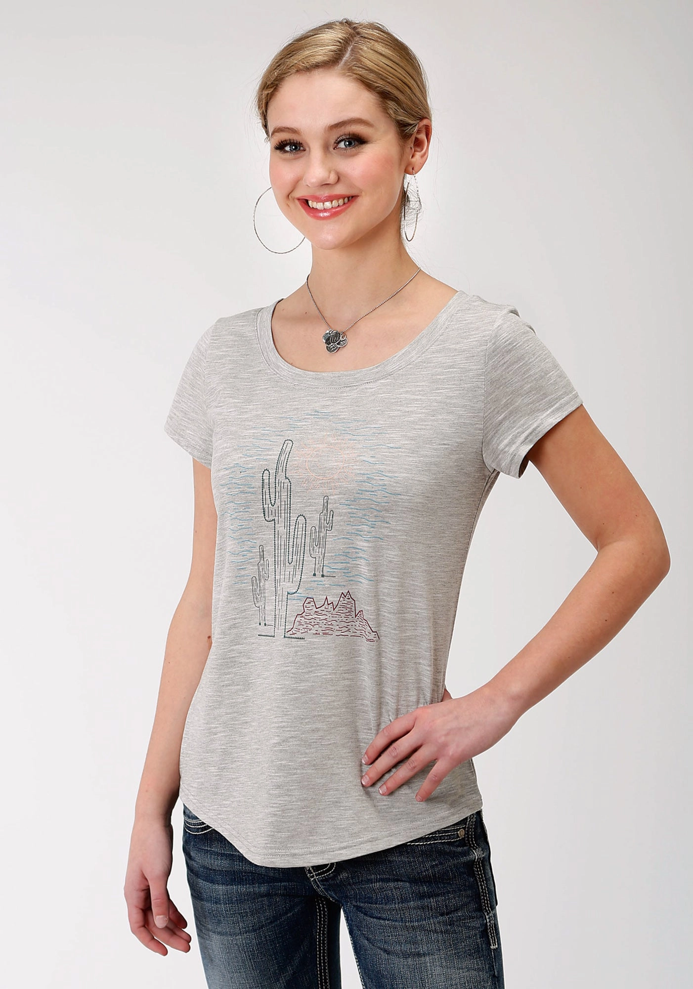 Trendy Vibes Bamboo Fiber Blend Roper Womens Charcoal Grey Poly/Rayon Cacti S/S T-Shirt