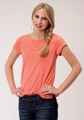 Anti Pill Treatment Roper Womens Coral Red Poly/Rayon Curved Yoke S/S T-Shirt