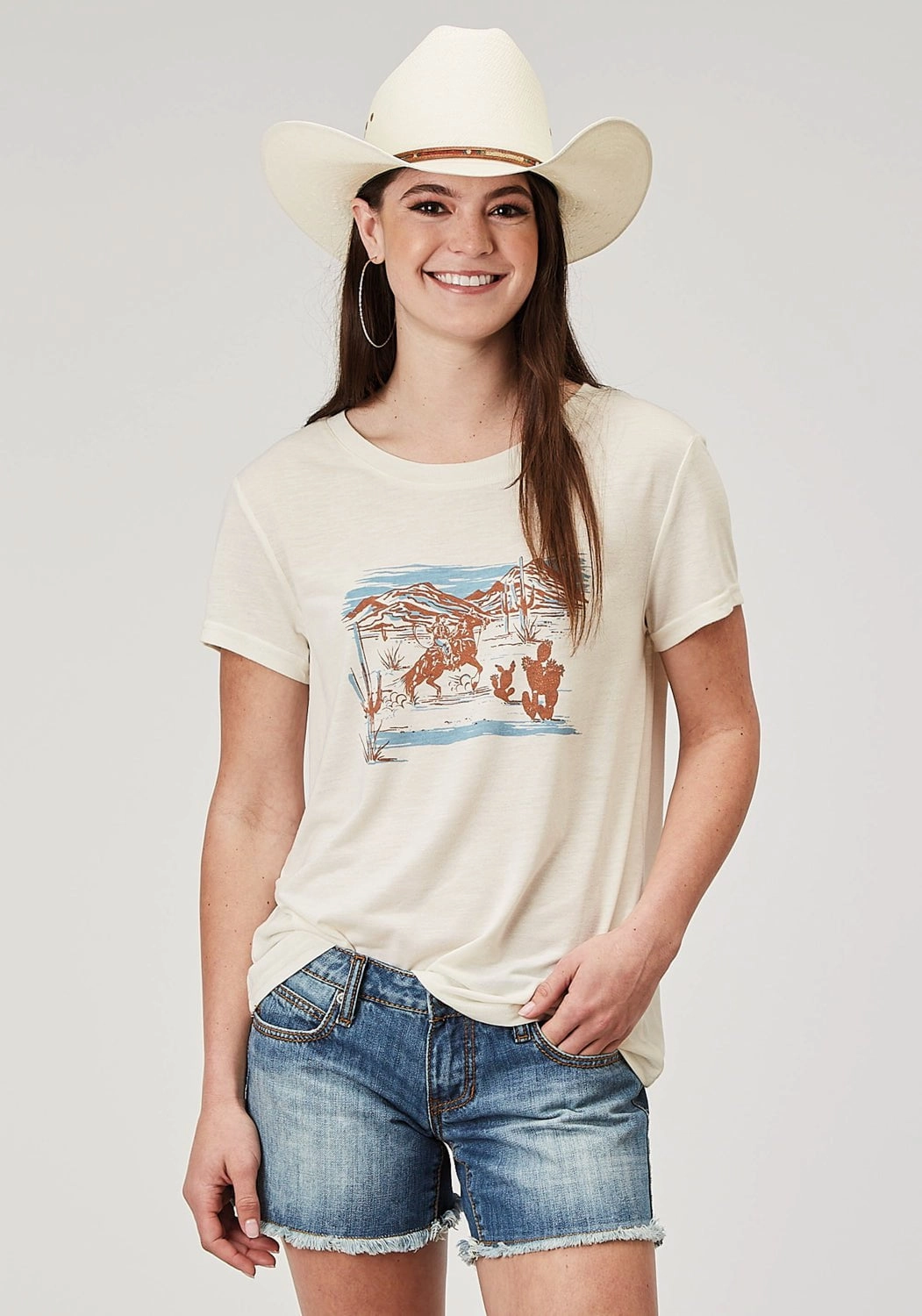 hypoallergenic Roper Womens Cowboy Scene Cream Poly/Cotton S/S T-Shirt