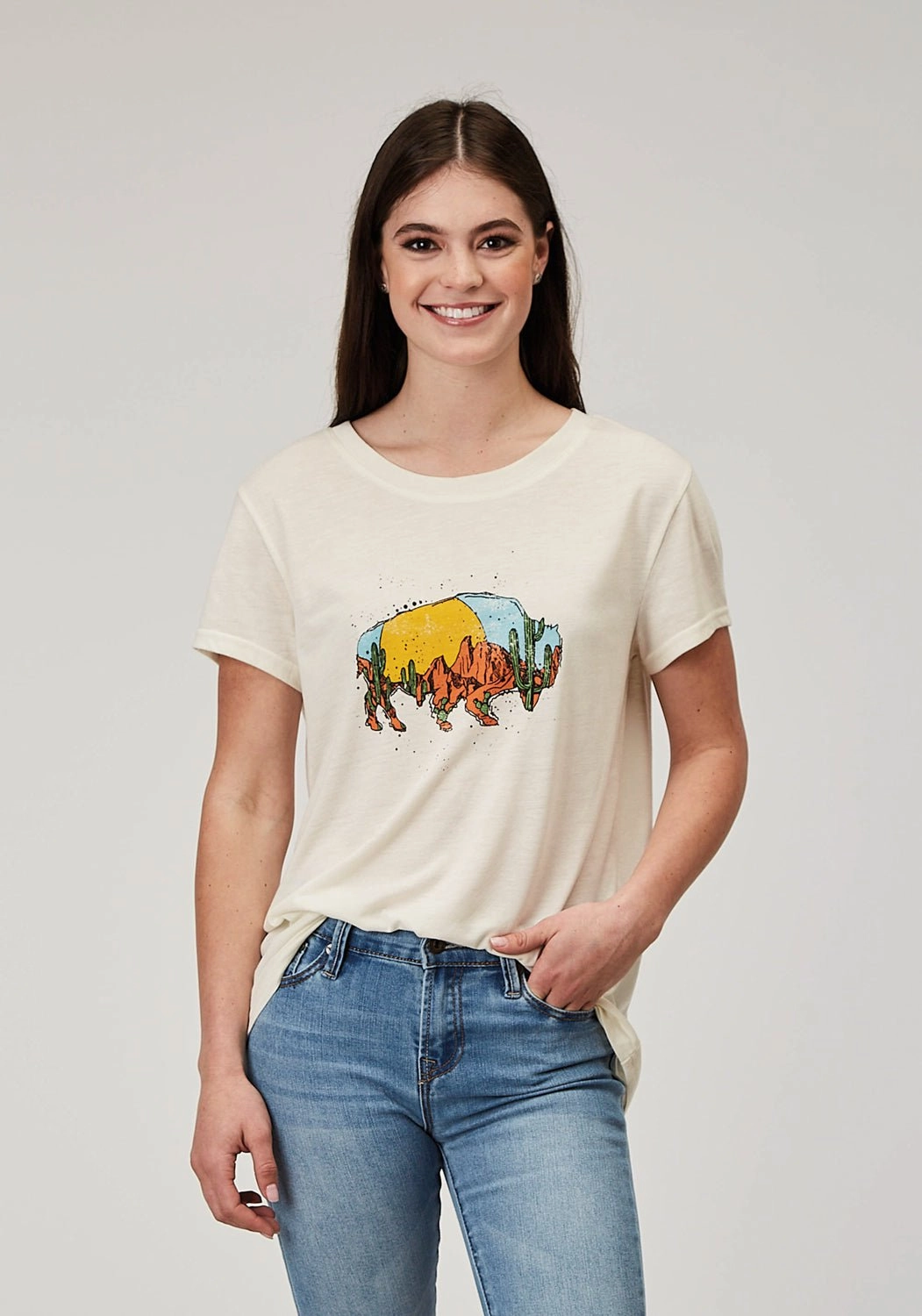 garden party Statement Maker Roper Womens Desert Buffalo Cream Poly/Cotton S/S T-Shirt