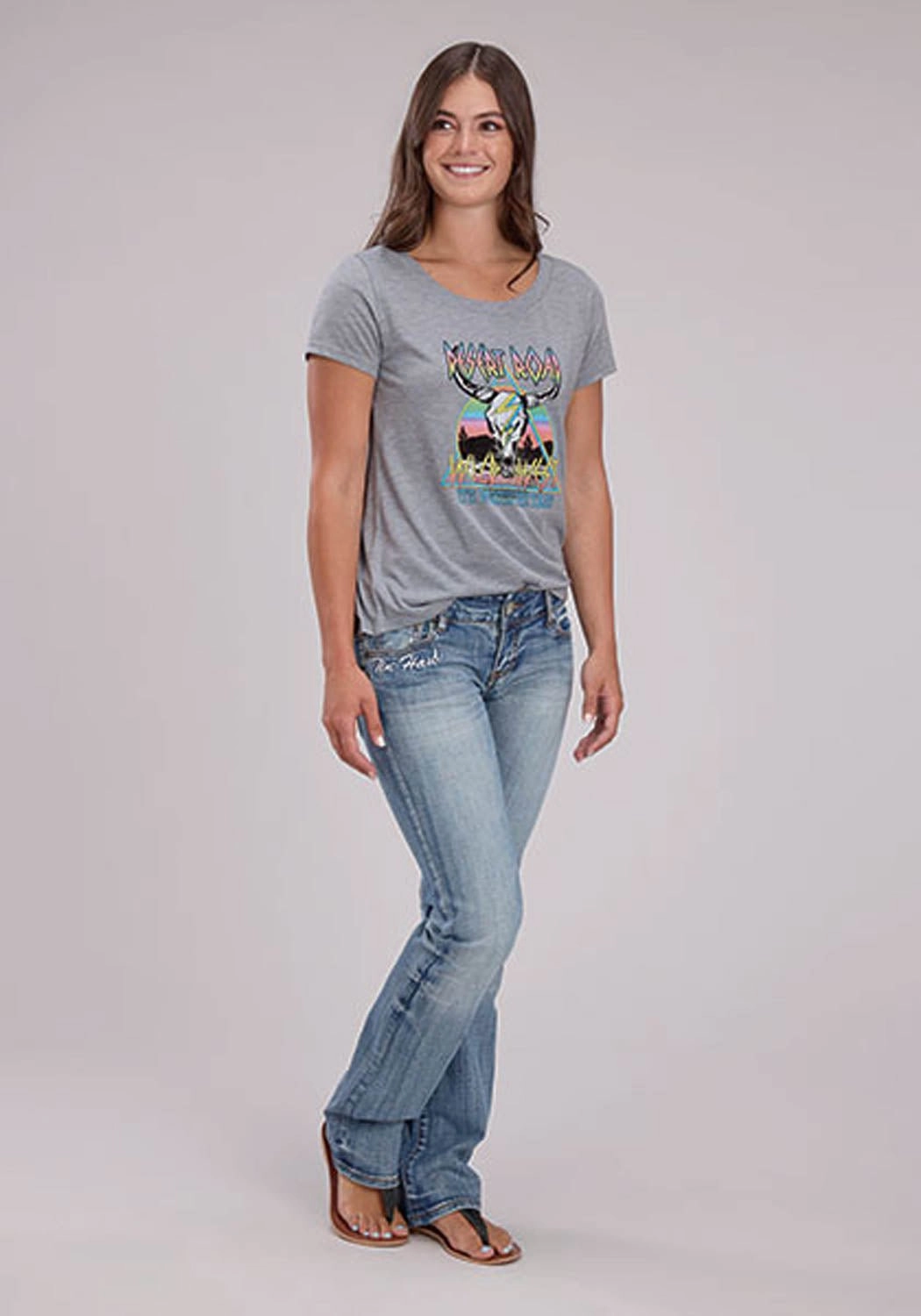 Roper Womens Desert Road Longhorn Grey Poly/Rayon S/S T-Shirt Anti Pilling Treatment Ergonomic Back Panel