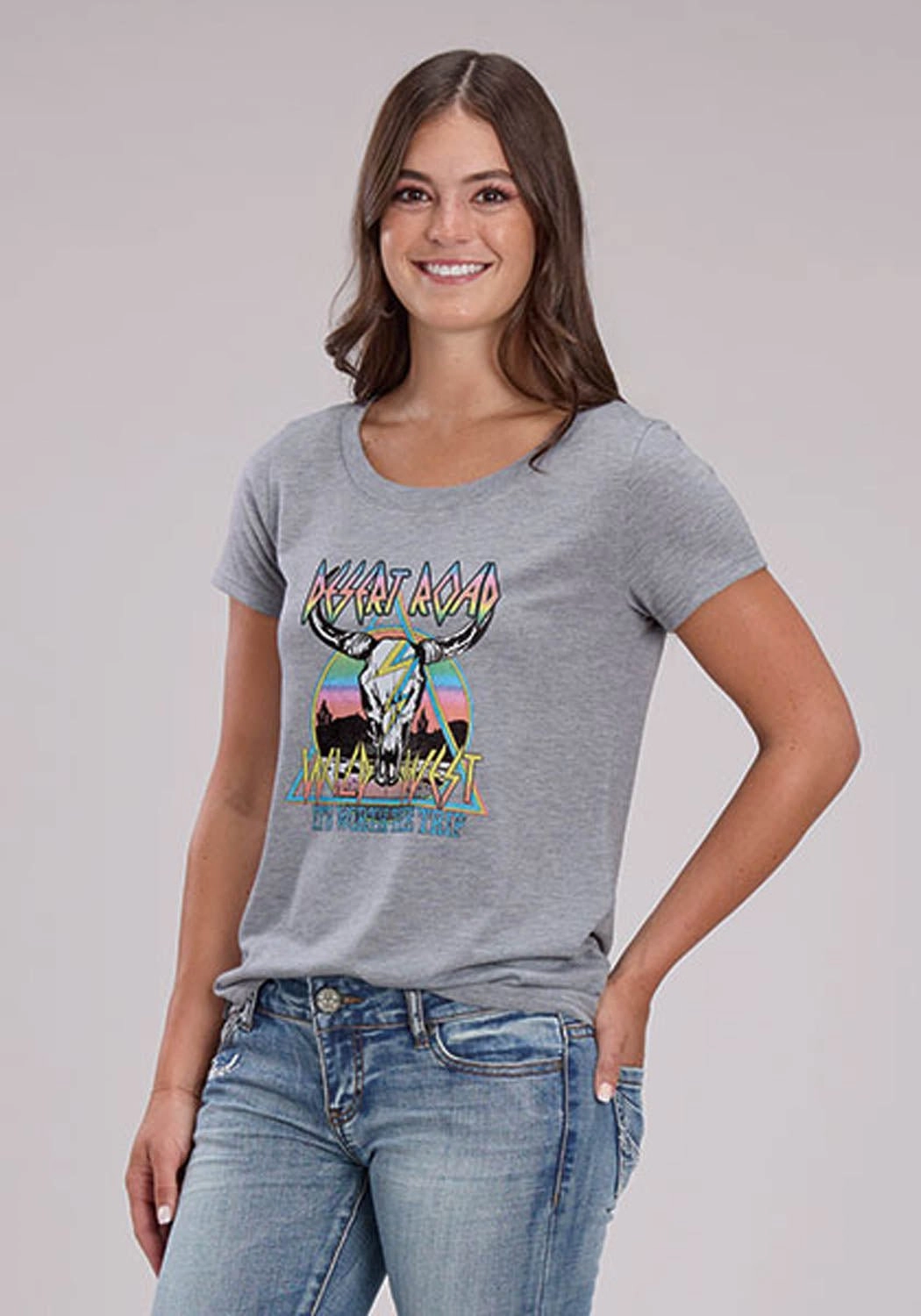 City Exploration Roper Womens Desert Road Longhorn Grey Poly/Rayon S/S T-Shirt