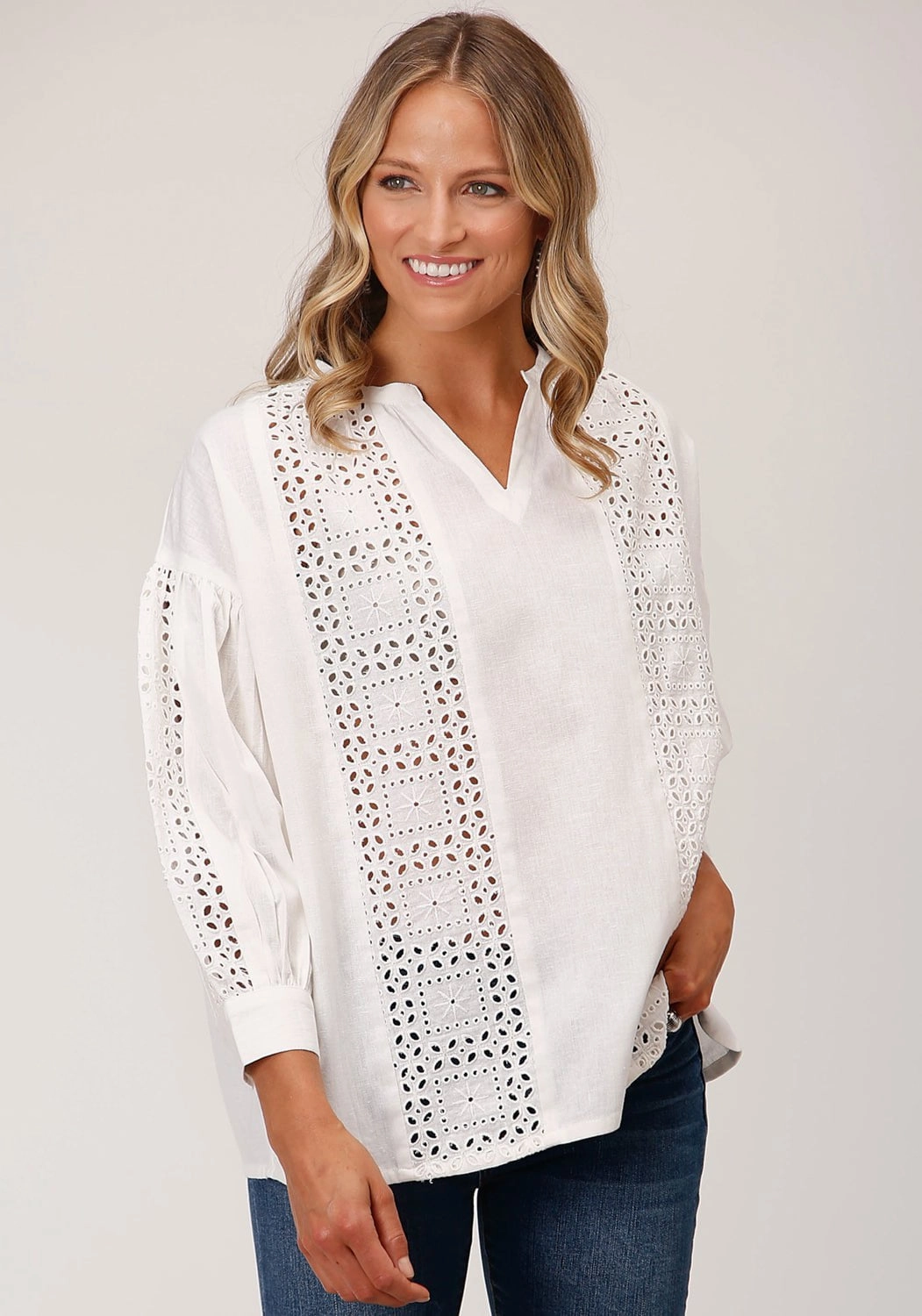 Yoke Design Recycled Polyester Blend Roper Womens Flex Peasant White 100% Cotton 3/4 Sleeve S/S Blouse