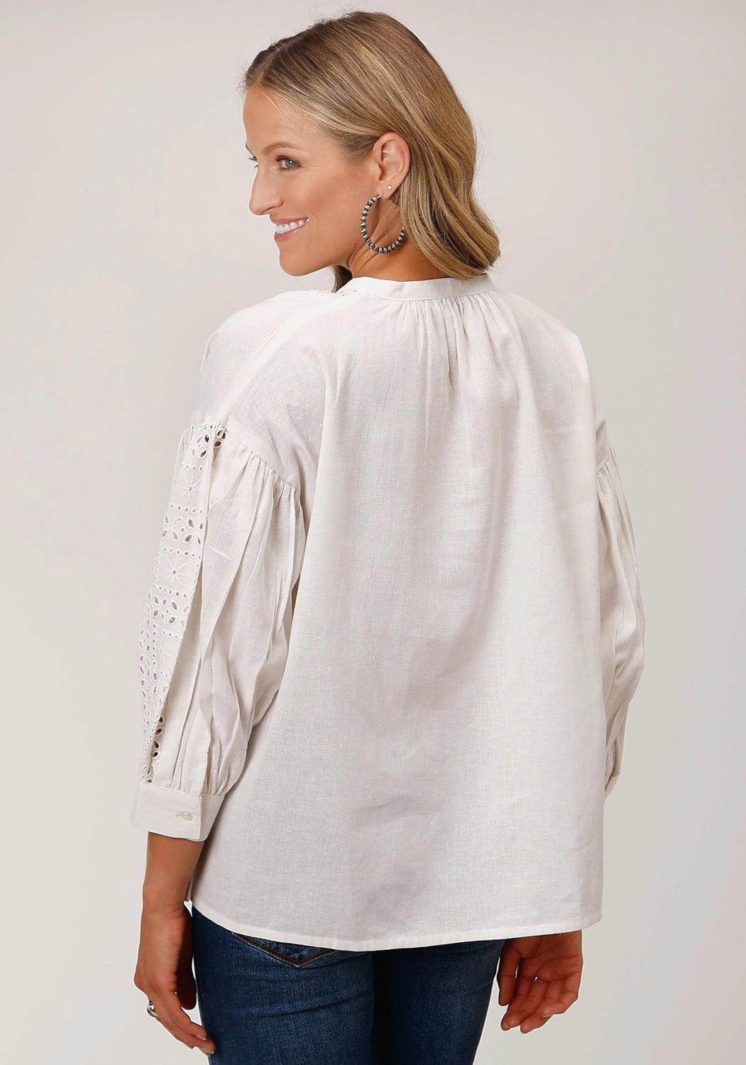 Roper Womens Flex Peasant White 100% Cotton 3/4 Sleeve S/S Blouse Recycled Polyester Blend