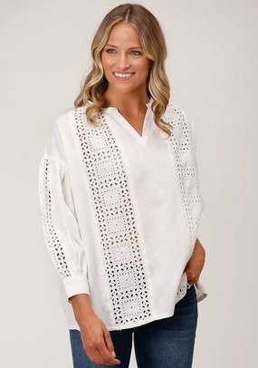 Yoke Design Recycled Polyester Blend Roper Womens Flex Peasant White 100% Cotton 3/4 Sleeve S/S Blouse