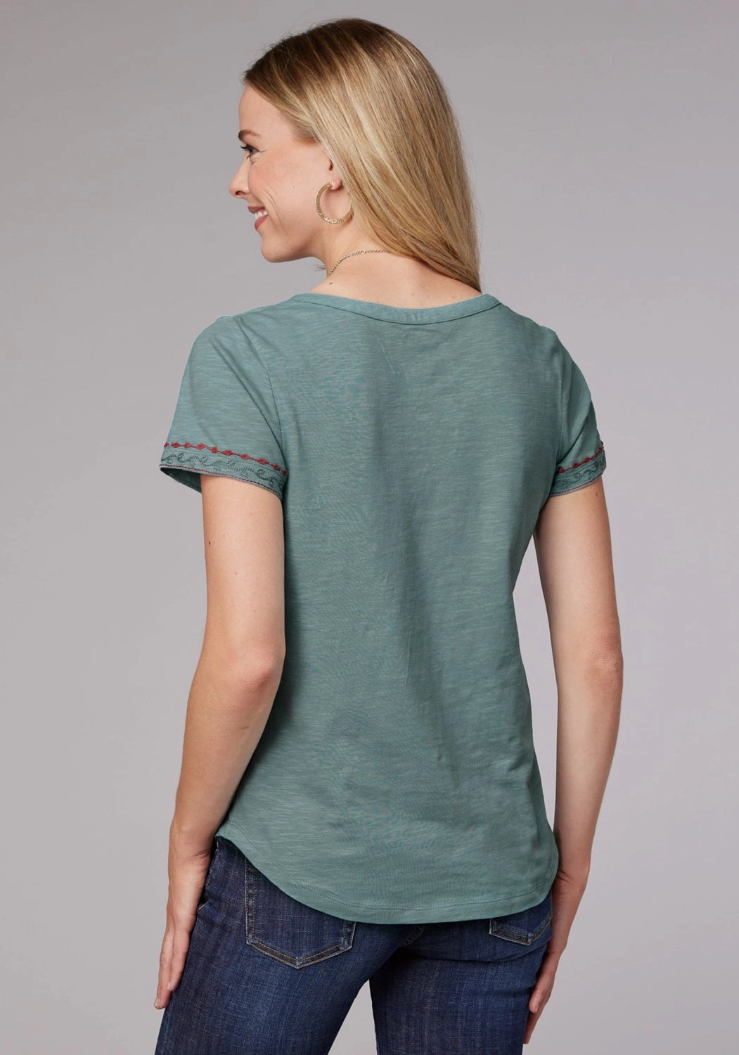 Polished Look Wardrobe Essential Roper Womens Floral Split V Blue 100% Cotton S/S T-Shirt