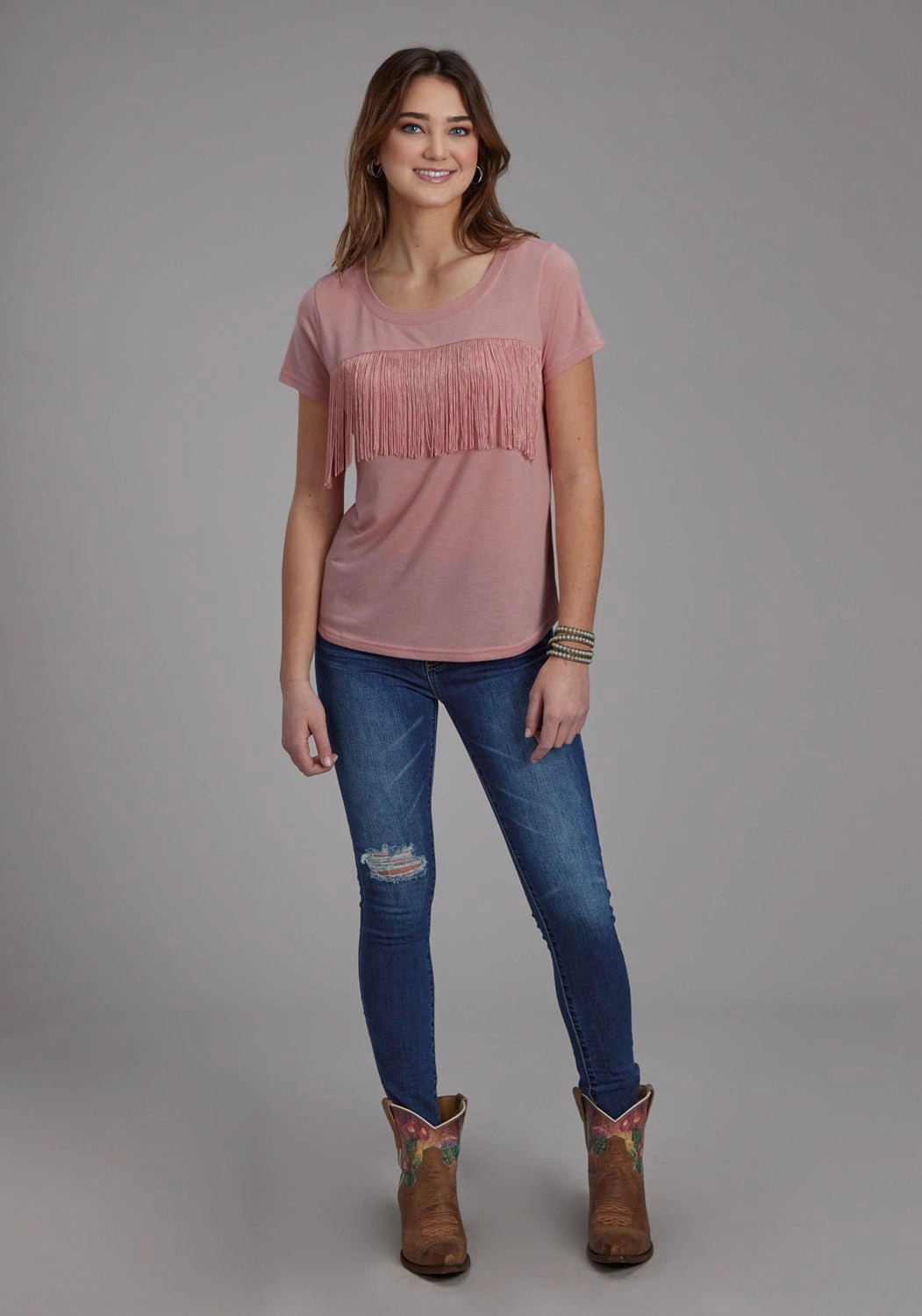 Lightweight texture Local Favorite Roper Womens Front Yoke Fringe Pink Poly/Rayon S/S T-Shirt