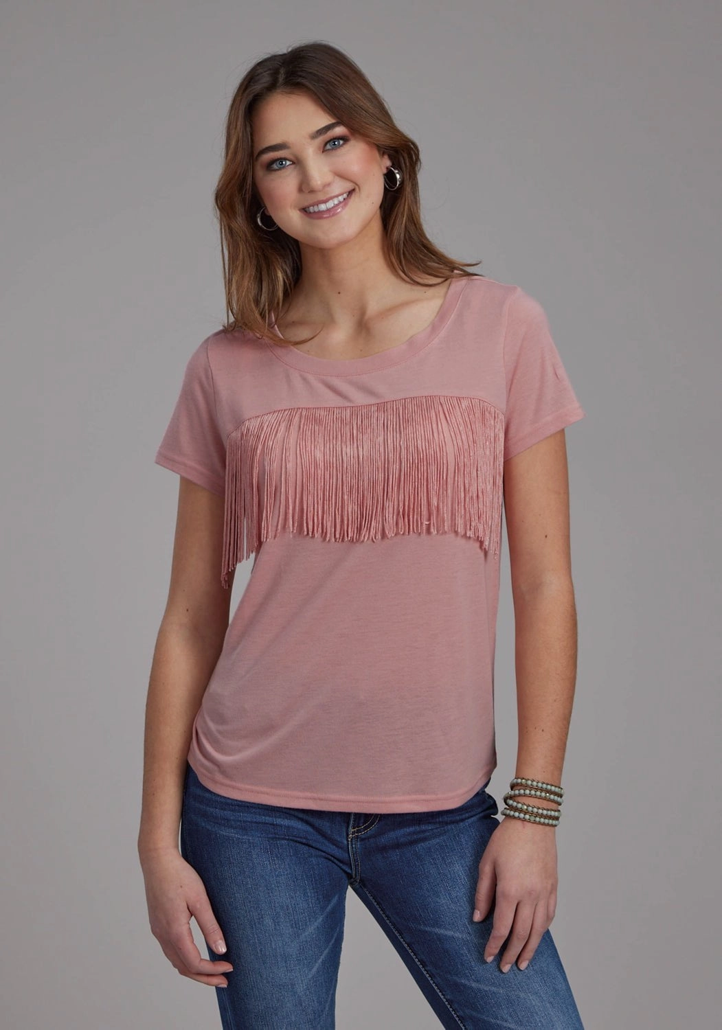 Roper Womens Front Yoke Fringe Pink Poly/Rayon S/S T-Shirt Country Escape Camping Essential