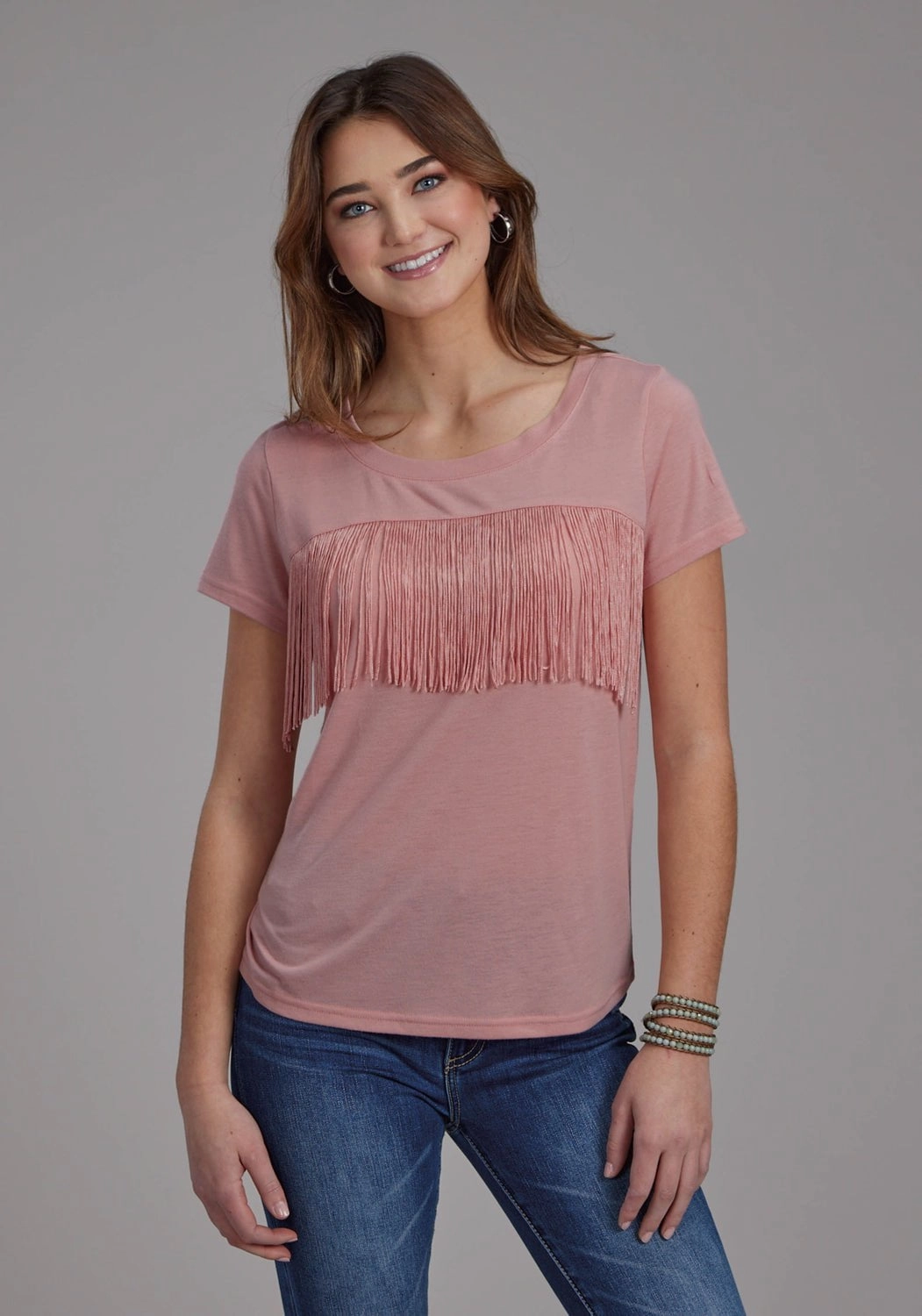 Autumn Look Roper Womens Front Yoke Fringe Pink Poly/Rayon S/S T-Shirt