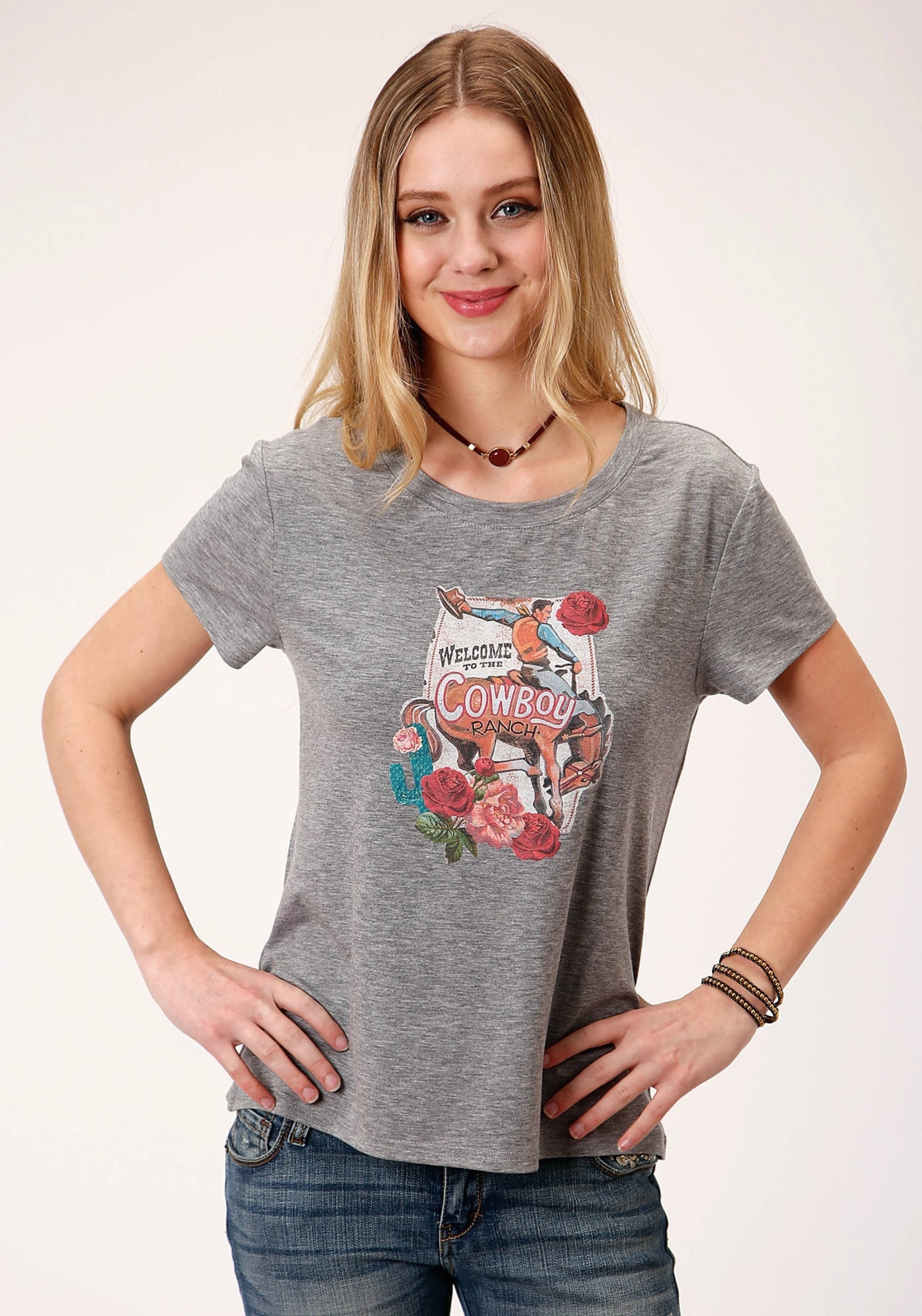 checkered pattern Roper Womens Grey Poly/Rayon Cowboy Ranch S/S T-Shirt