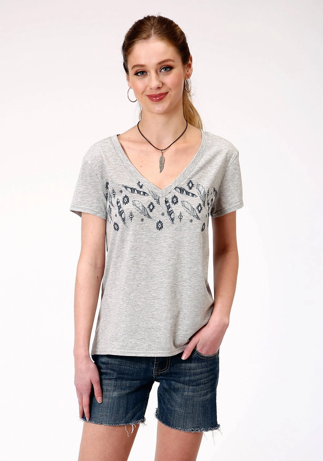 Roper Womens Grey Poly/Rayon Feathers S/S V-Neck T-Shirt Moisture Management Tech Reinforced Elasticity