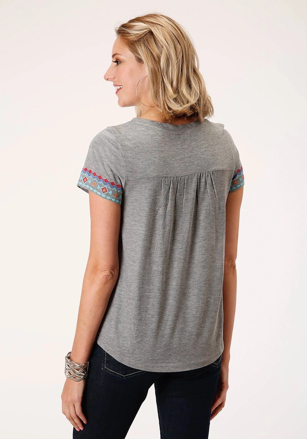 Roper Womens Heather Gray 100% Cotton Aztec Embroidery S/S T-Shirt Asymmetrical Cut