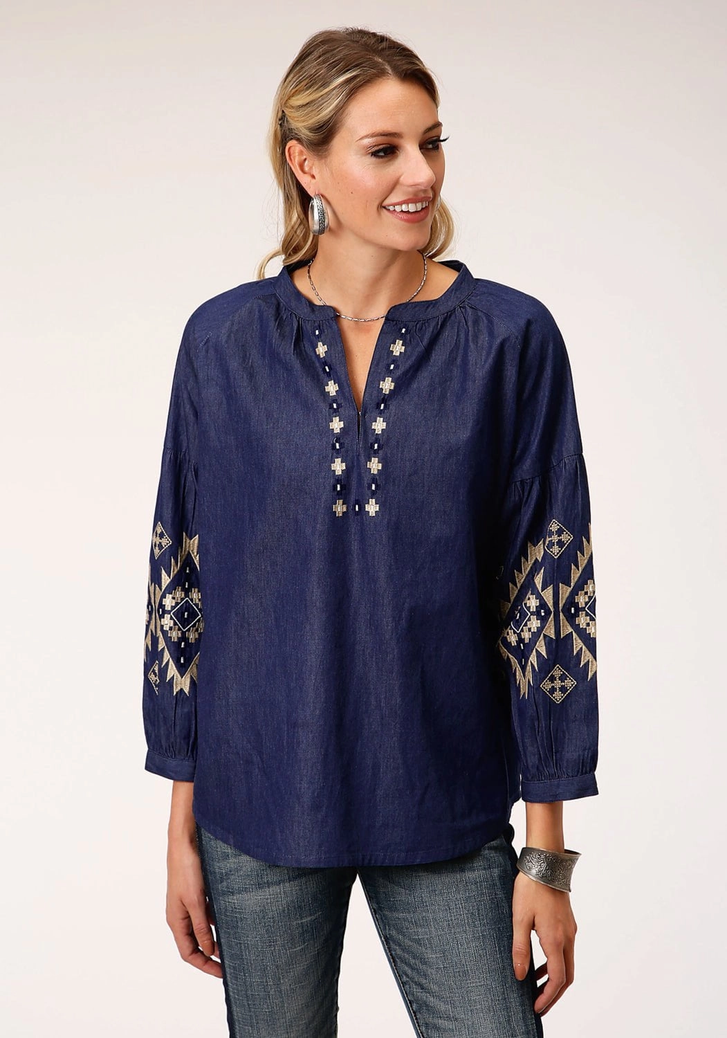 Durable Texture Roper Womens Indigo Denim 100% Cotton Bishop Sleeves S/S Blouse