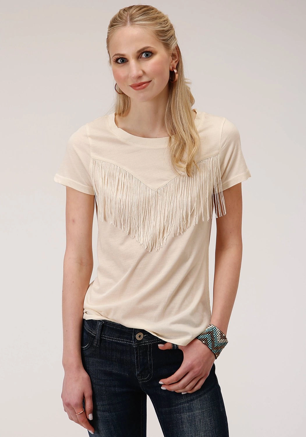 Odor Control Technology Button Down Design Roper Womens Ivory Poly/Rayon Western Fringe S/S T-Shirt