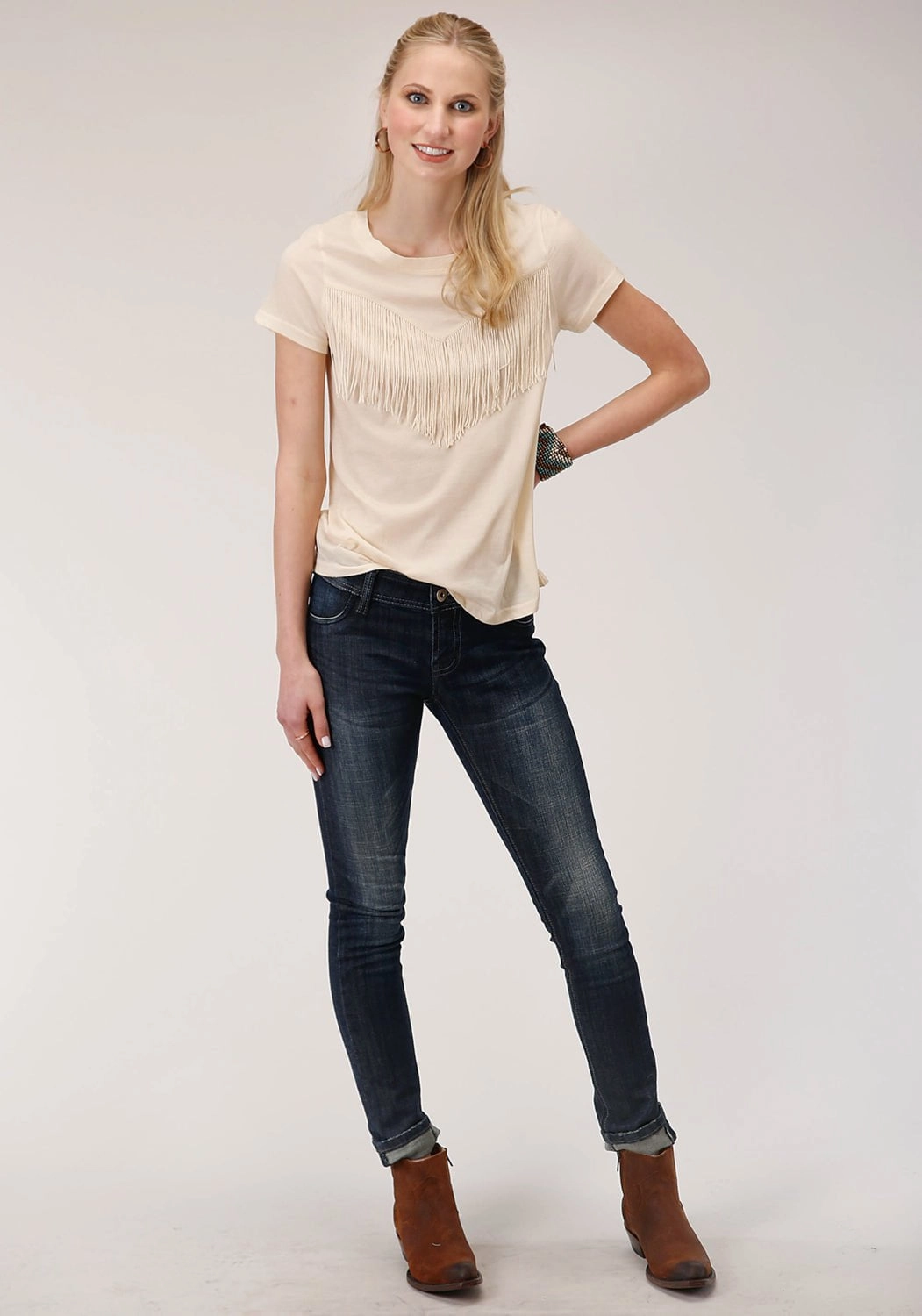 Gender Neutral Roper Womens Ivory Poly/Rayon Western Fringe S/S T-Shirt