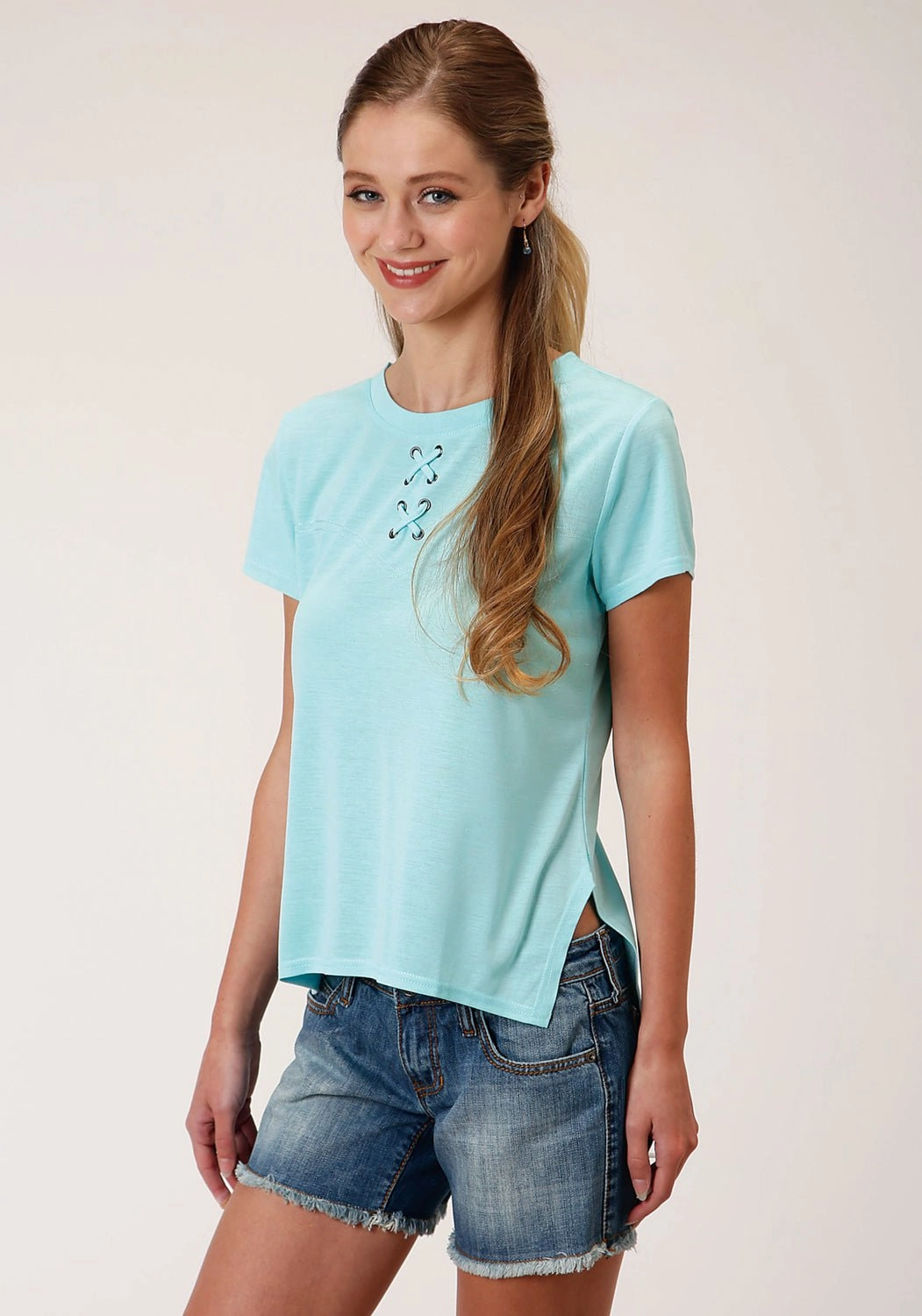 Roper Womens Light Turquoise Poly/Rayon Grommets S/S T-Shirt Trendy Fashion Anti Pill Treatment