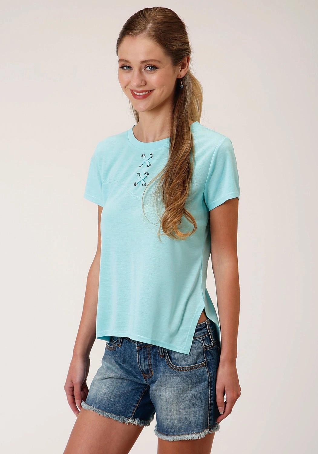 Roper Womens Light Turquoise Poly/Rayon Grommets S/S T-Shirt Stylish Appearance adult clothing