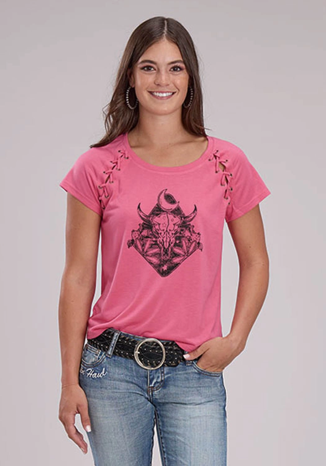 Roper Womens Longhorn Self Tie Pink Poly/Rayon S/S T-Shirt Stretch Material