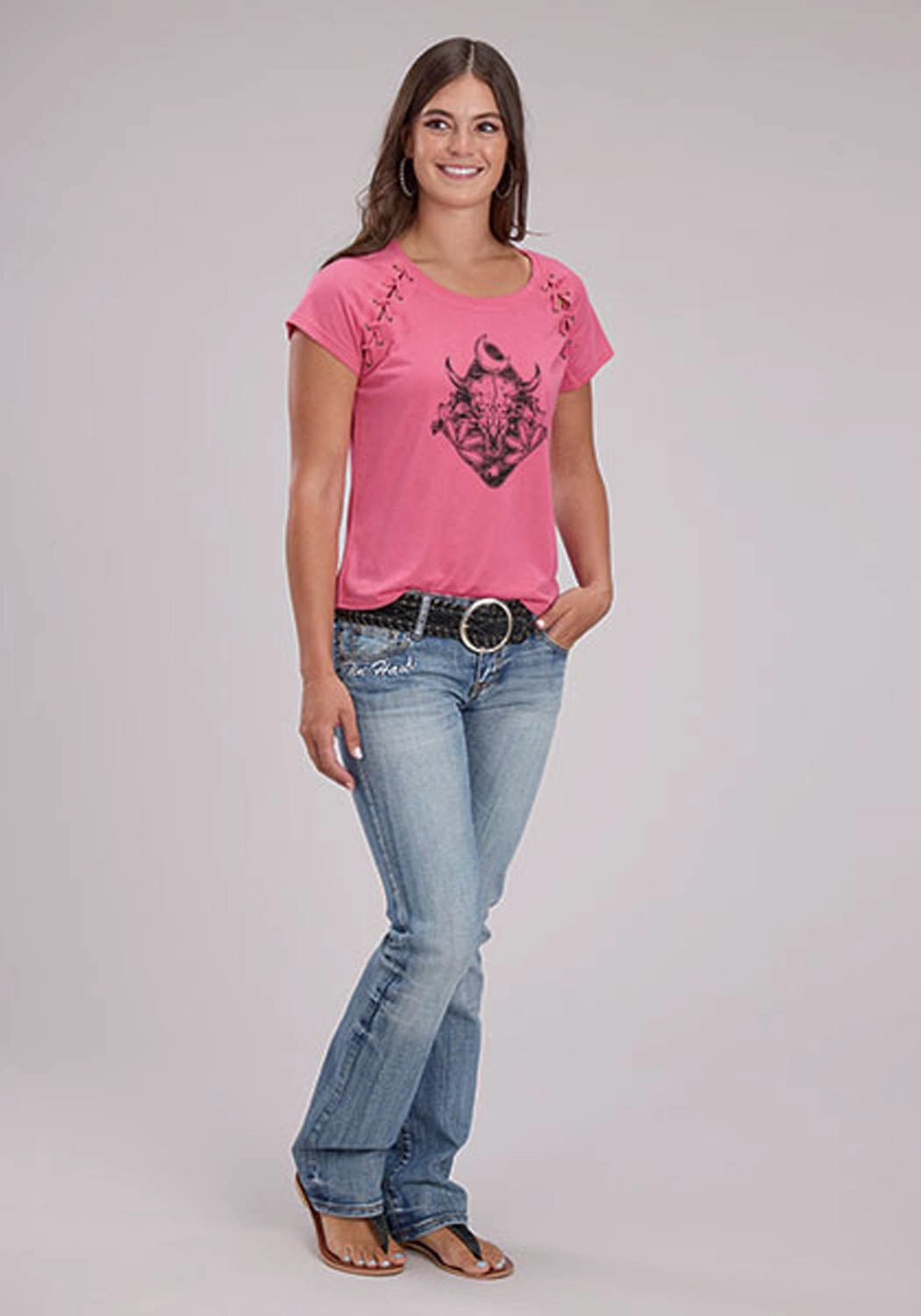 Layered Collar Roper Womens Longhorn Self Tie Pink Poly/Rayon S/S T-Shirt