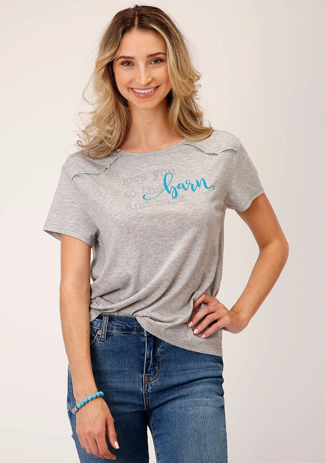 Roper Womens Love You Barn Grey Poly/Rayon S/S T-Shirt Eco-Friendly Choice Designer Look