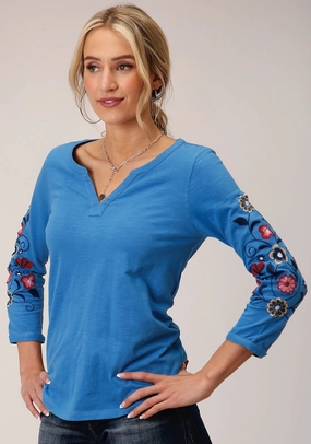 Advanced Moisture Management Roper Womens Multi-Color Floral Blue 100% Cotton 3/4 Sleeve S/S Tunic