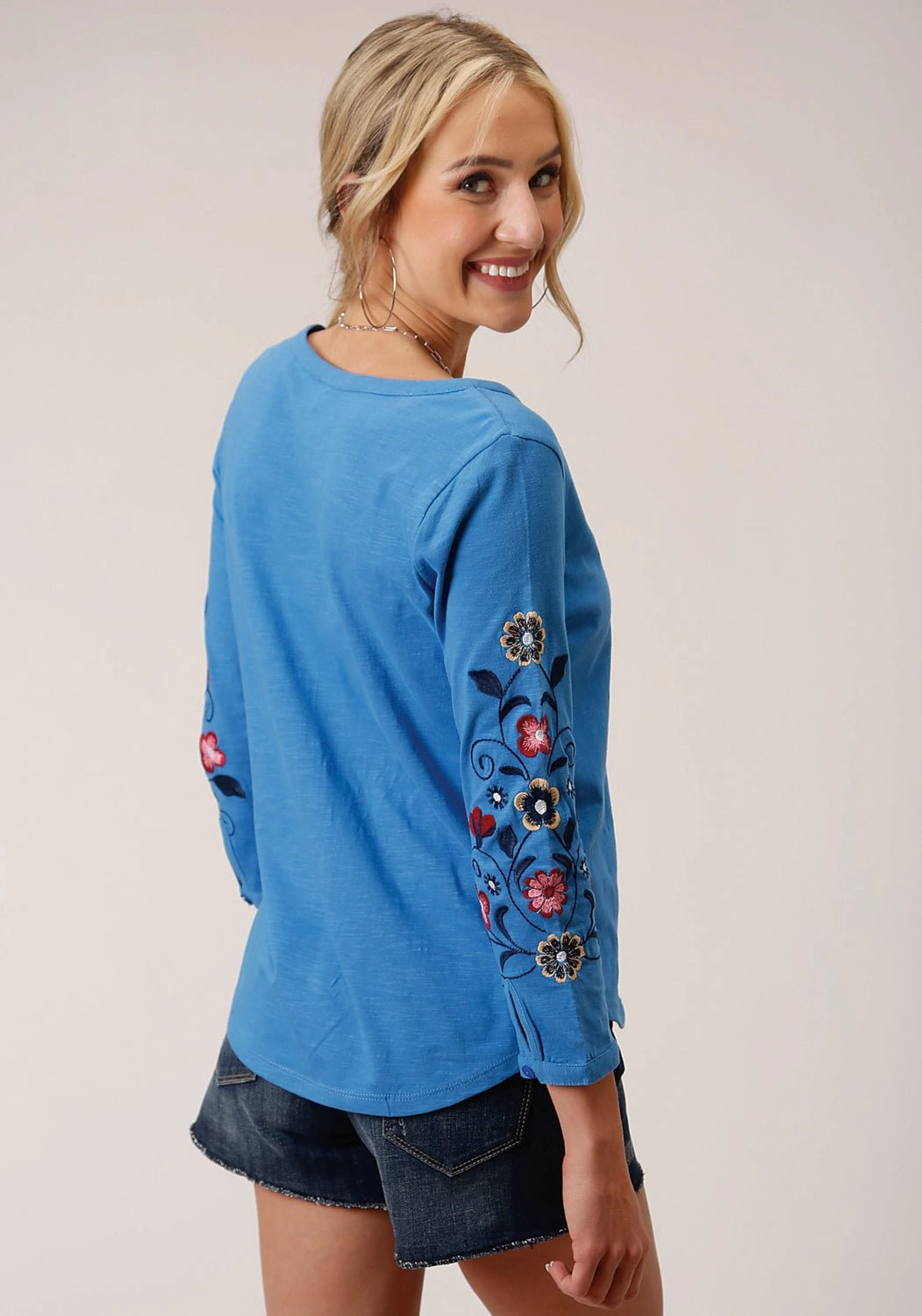 Roper Womens Multi-Color Floral Blue 100% Cotton 3/4 Sleeve S/S Tunic UV Protective Coating