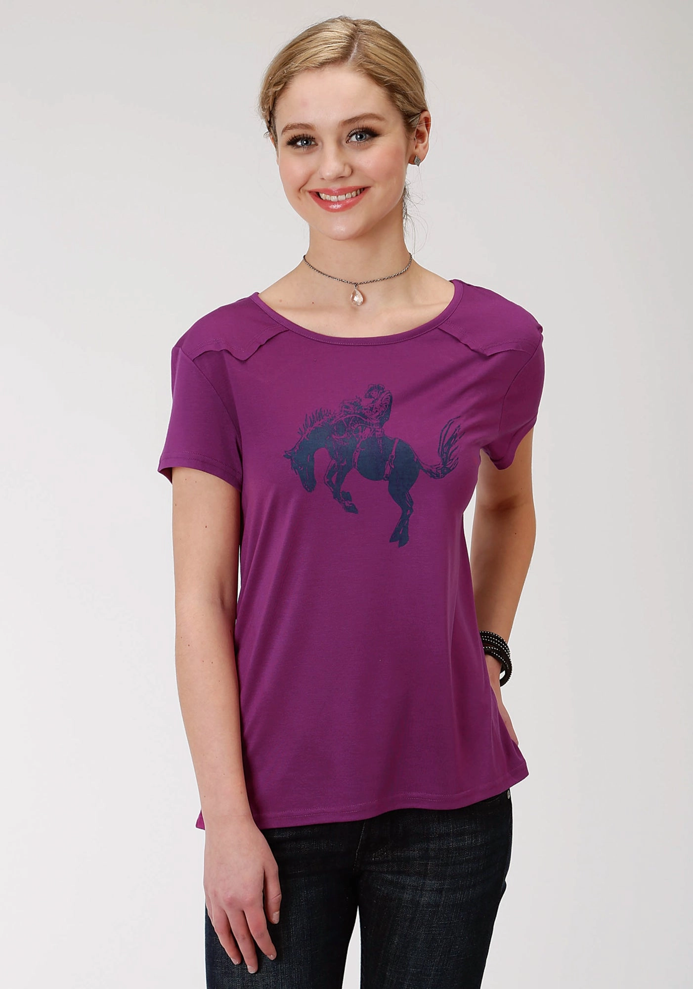Trendy Outfit Roper Womens Purple Poly/Rayon Bronc Rider S/S Western T-Shirt