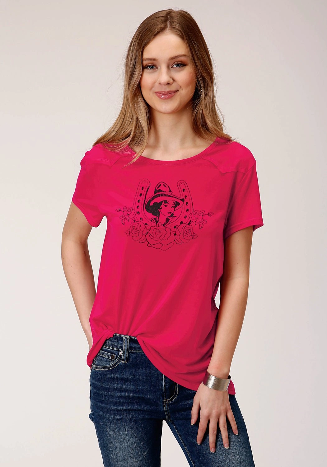 Military Inspired Roper Womens Red Poly/Rayon Horseshoe S/S Cowgirl T-Shirt