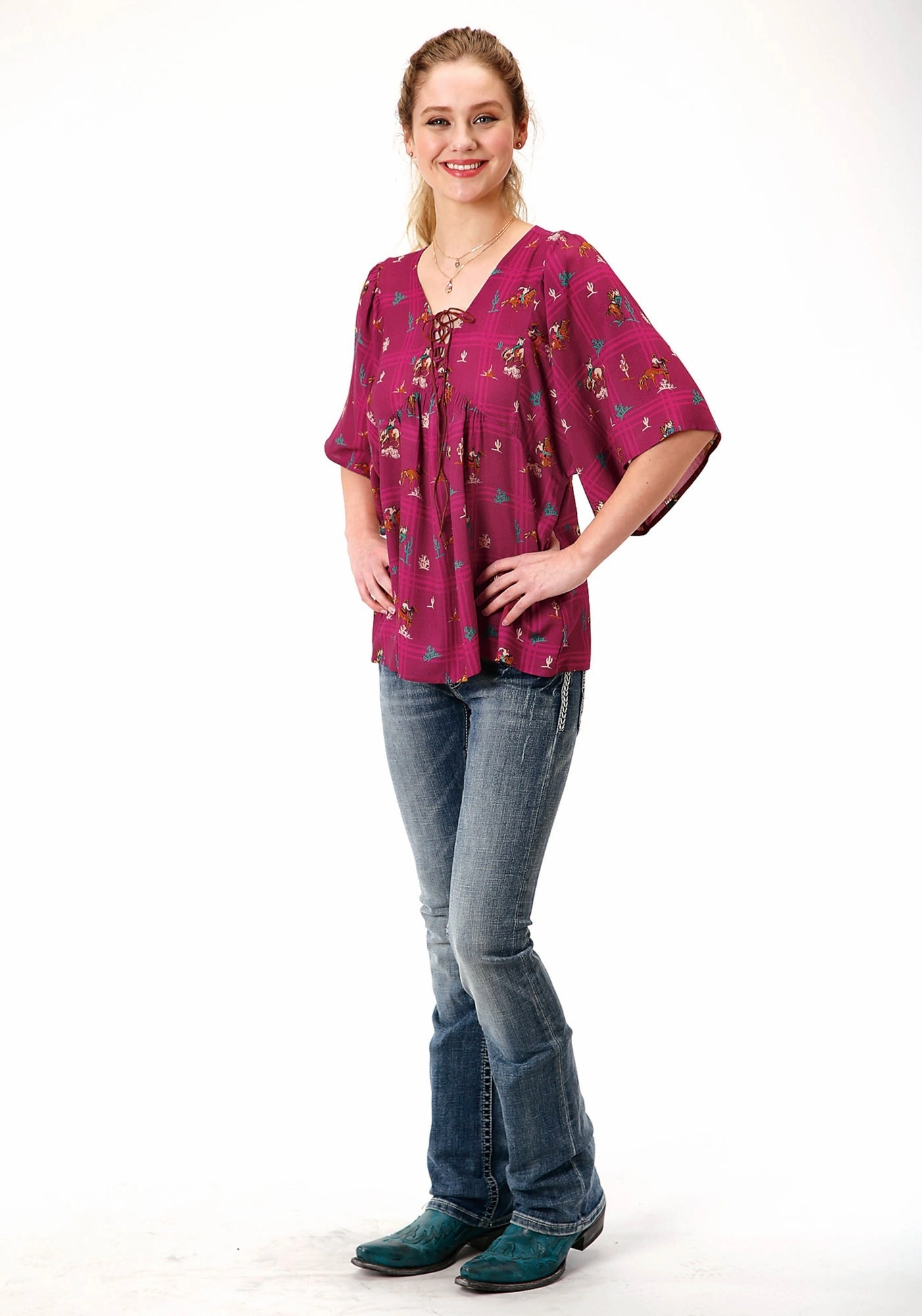 Seamless Sides Roper Womens Red Rayon/Nylon Retro Cowboys S/S Blouse