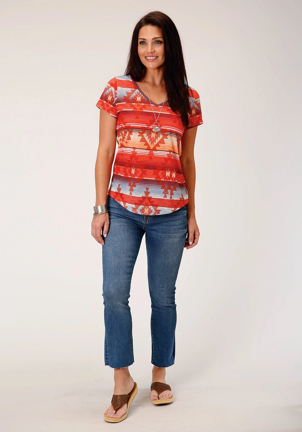 Ribbed Trim Roper Womens Red Sublimation Multi-Color 100% Polyester S/S Blouse